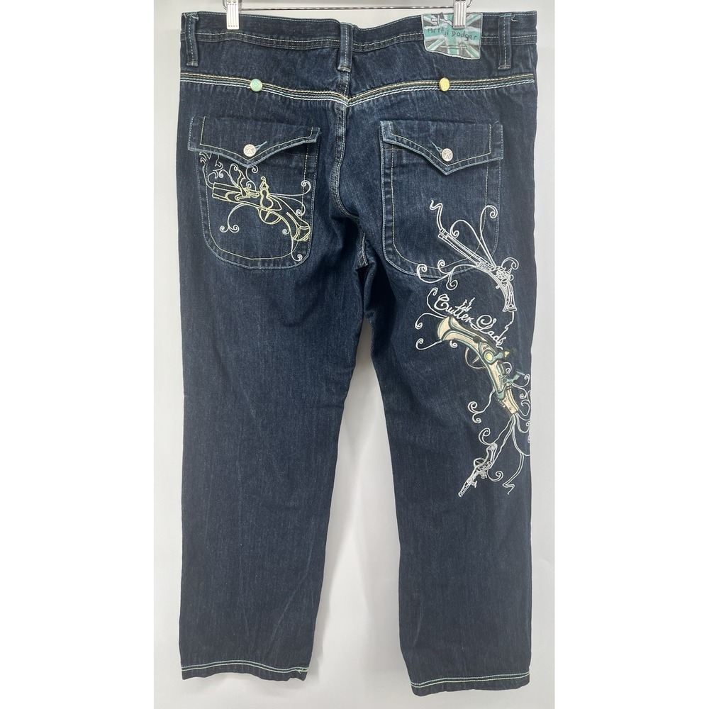 Y2K Artful Dodger Jeans Embroidered Baggy 40/33 Mens Cutter Lads Dark Wash